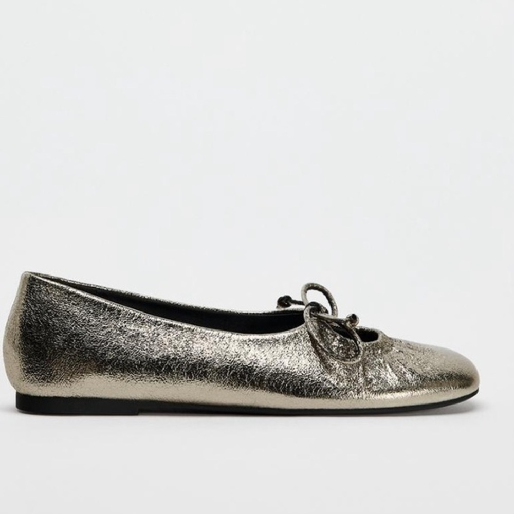 Zara Shimmering Gold Loafers with Bow Accent